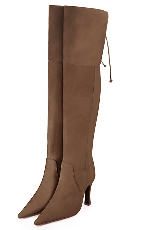 Chocolate brown women's leather thigh-high boots. Pointed toe. Very high spool heels. Made to measure - Florence KOOIJMAN